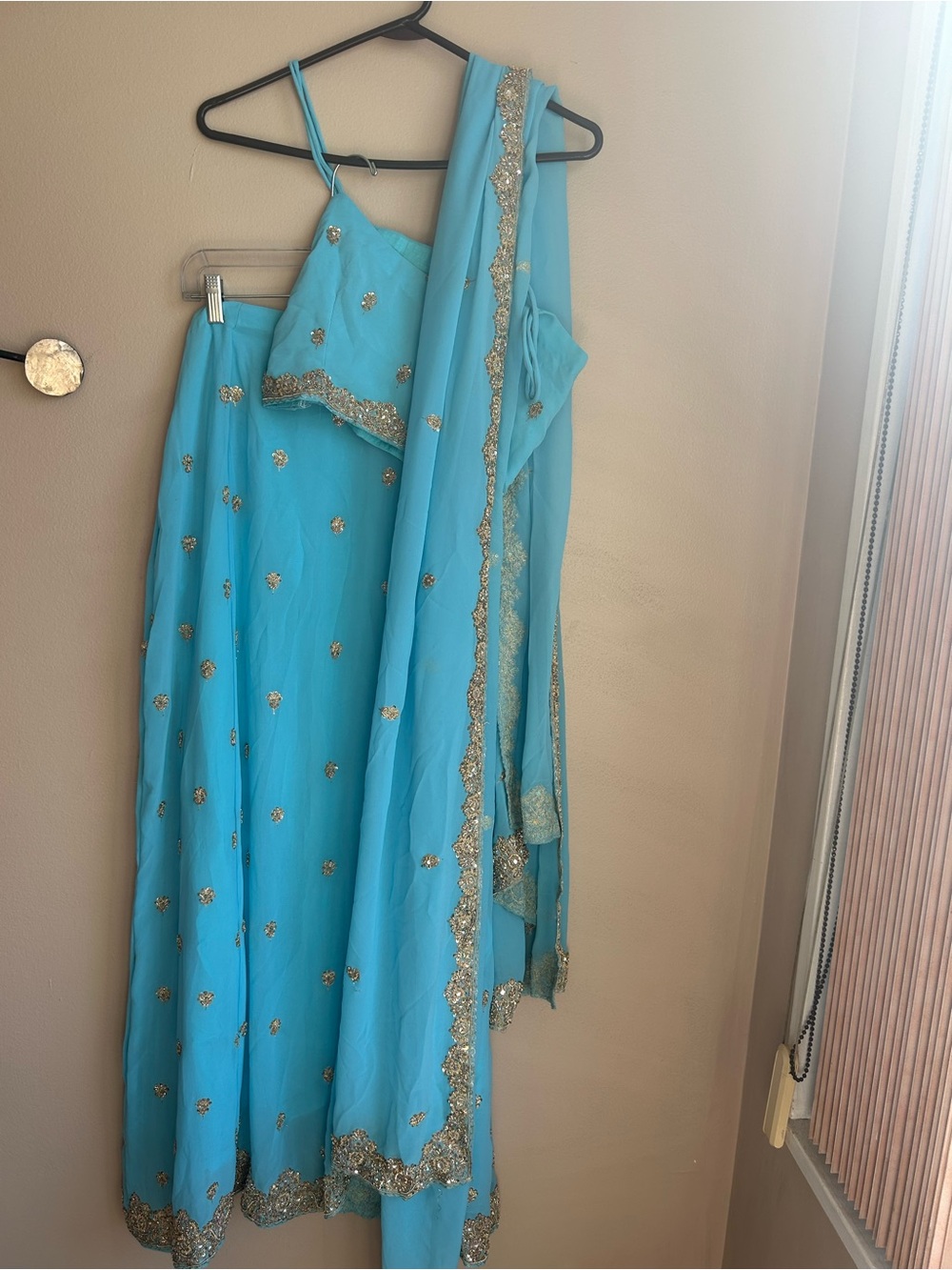 Women’s Sz S 3 Pc Lehenga Top Dupatta Set Indian Wedding Blue Beaded Sz S